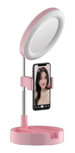 Espejo Redondo LED + Base para Celular